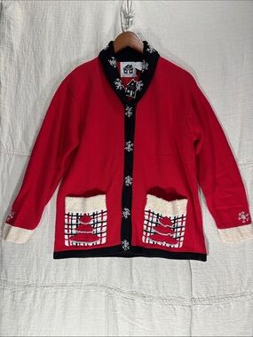 NWT Vintage Storybook Knits Red Cardigan Sweater Size L Holiday Plaid